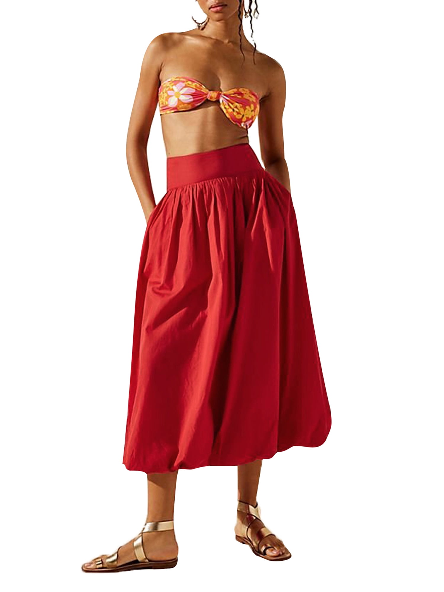 Rdhnmea Women Y2k Bubble Maxi Skirt Elastic Low Waist Casual A