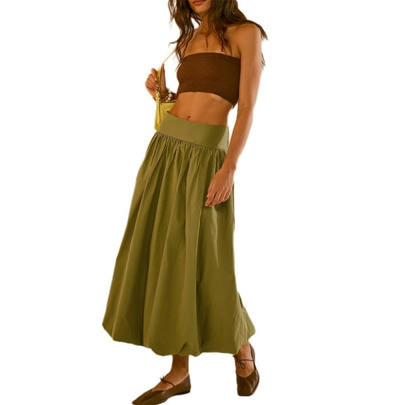 Rdhnmea Women Y2k Bubble Maxi Skirt Elastic Low Waist Casual A-line Flowy Long Skirts Plead Ruffle Balloon Midi Skirt Streetwear