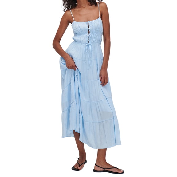 Rdhnmea Women Y2k Cami Maxi Dress Sleeveless Tie Front Ruffle Dress Summer A-Line Party Dress Boho Flowy Dress Vacation Cocktail Streetwear