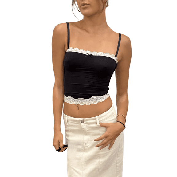Rdhnmea Women Y2k Cami Tank Tops  Sexy Lace Trim Spaghetti Strap Camisole Backless Summer Going Out Crop Top Streetwear