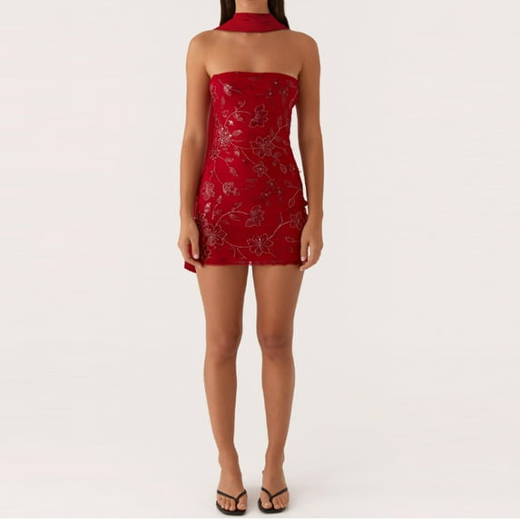 Rdhnmea Women Y2k Sequin Sparkle Floral Tube Strapless Mini Dress with Scarf Sexy Pearl Embellished Club Party Dresses Cocktail Clubwear