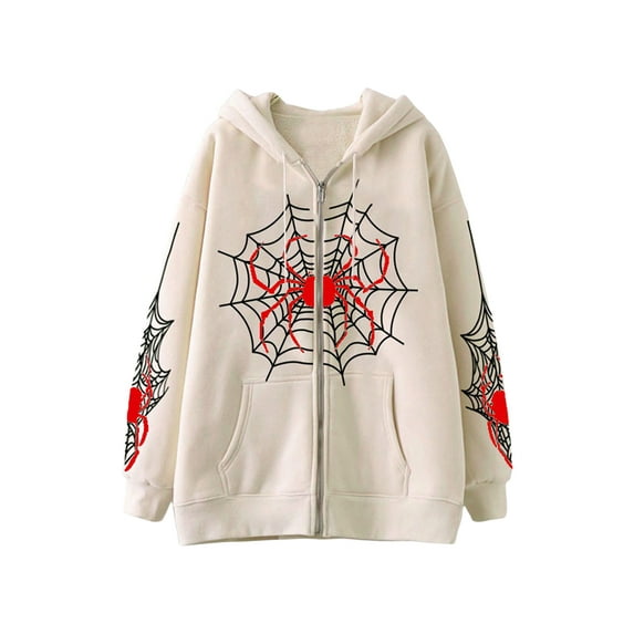 Rdhnmea Women Zip Up Hoodies Y2K Spider Web Print Halloween Hooded Sweatshirt Fleece Hoodie Coat Warm Hoody with Pockets