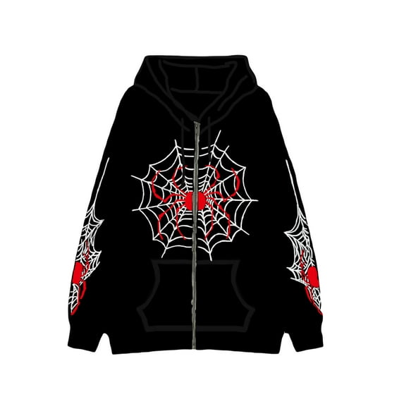 Rdhnmea Women Zip Up Hoodies Y2K Spider Web Print Halloween Hooded Sweatshirt Fleece Hoodie Coat Warm Hoody with Pockets