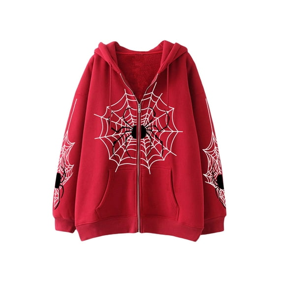 Rdhnmea Women Zip Up Hoodies Y2K Spider Web Print Halloween Hooded Sweatshirt Fleece Hoodie Coat Warm Hoody with Pockets