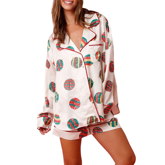 Rdhnmea Women's 2 Piece Christmas Pajama Set Dessert Print Long Sleeves Shirt + Elastic Shorts Xmas Pjs Jammies Loungewear Soft Sleepwear