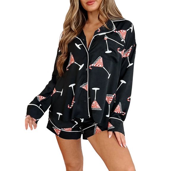 Rdhnmea Women's 2 Piece Christmas Pajama Set Dessert Print Long Sleeves Shirt + Elastic Shorts Xmas Pjs Jammies Loungewear Soft Sleepwear