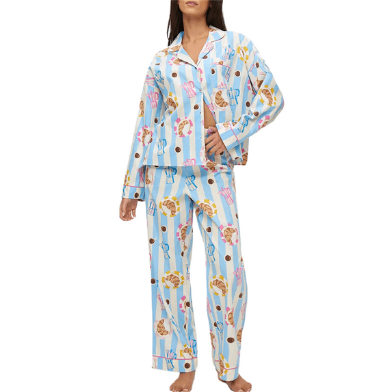 Rdhnmea Women's 2 Piece Lounge Set Long Sleeve Pattern Print Shirt Wide Leg Pants Sleepwear Homewear Pjs Sets