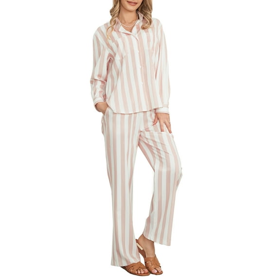 Rdhnmea Women’s 2 Piece Pajamas Set Long Sleeve Striped Print Button Down Shirt   Pants Set Loungewear Summer Outfits