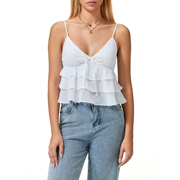 Rdhnmea Women's 2024 Summer Spaghetti Strap Cami Tank Tops Tiered Ruffle Vests Tops Flowy Sleeveless Shirts Camisole Y2k Streetwear
