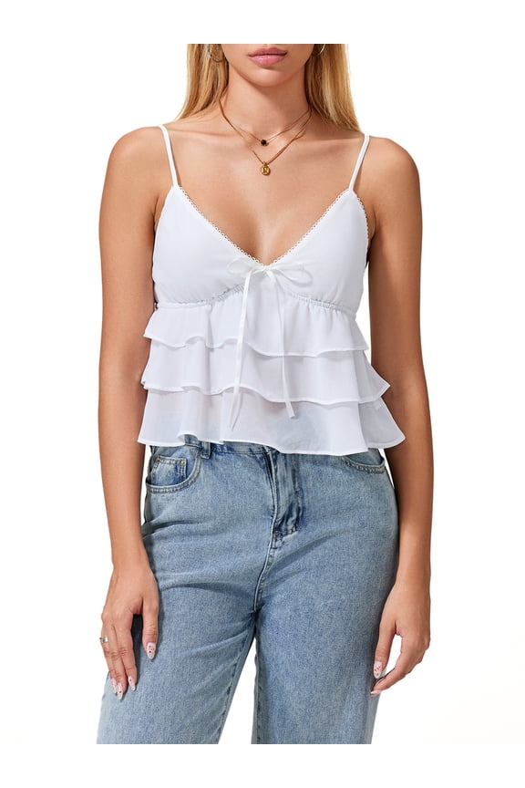 Women's 2024 Summer Spaghetti Strap Cami Tank Tops Tiered Ruffle Vests Tops Flowy Sleeveless Shirts Camisole Y2k Streetwear