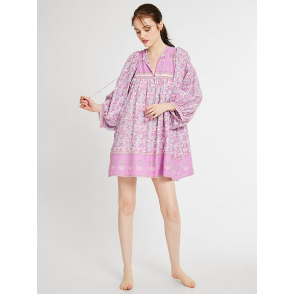 Rdhnmea Women's Babyoll Dress Floral Print Long Sleeves V-Neck Loose Dress