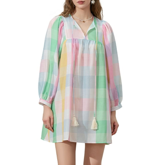 Rdhnmea Women's Babyoll Dress Floral Print Long Sleeves V-Neck Loose Dress