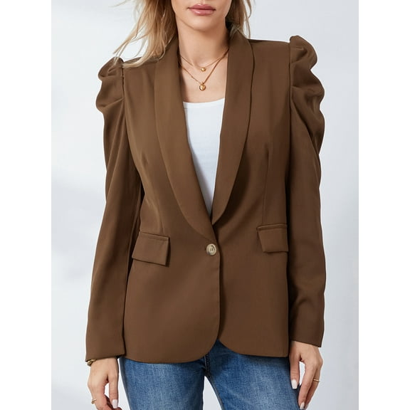 Rdhnmea Women's Blazers Coat Open Front Puff Sleeve Office Blazer Bussiness Casual Jackets Work Suit with Pockets Fall Spring Outerwear