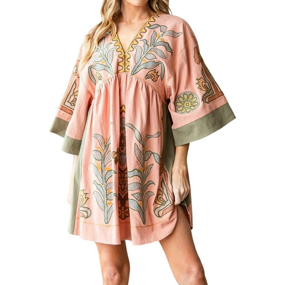 Rdhnmea Women's Boho Floral Print Dress Casual Half Sleeve V-Neck Loose Fit Mini Kimono Dress Summer Beach Flowy Short Dress
