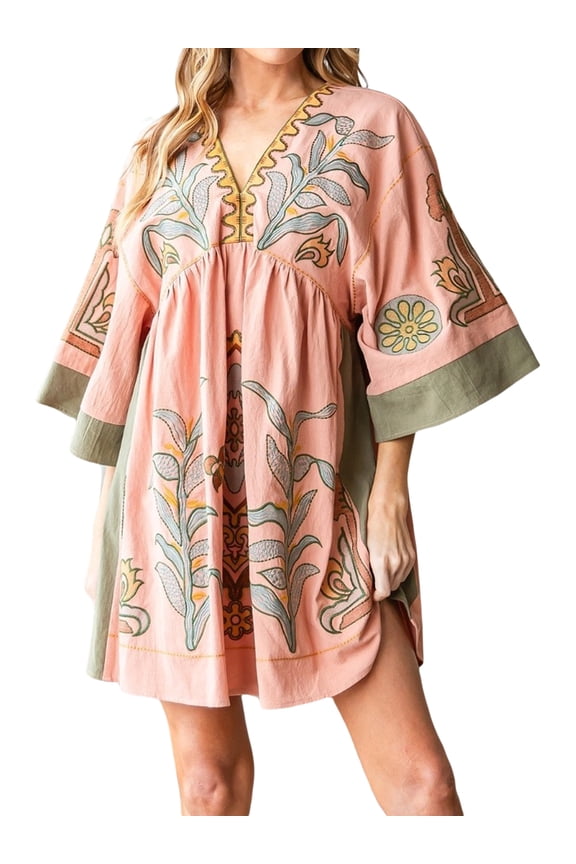 Women's Boho Floral Print Dress Casual Half Sleeve V-Neck Loose Fit Mini Kimono Dress Summer Beach Flowy Short Dress