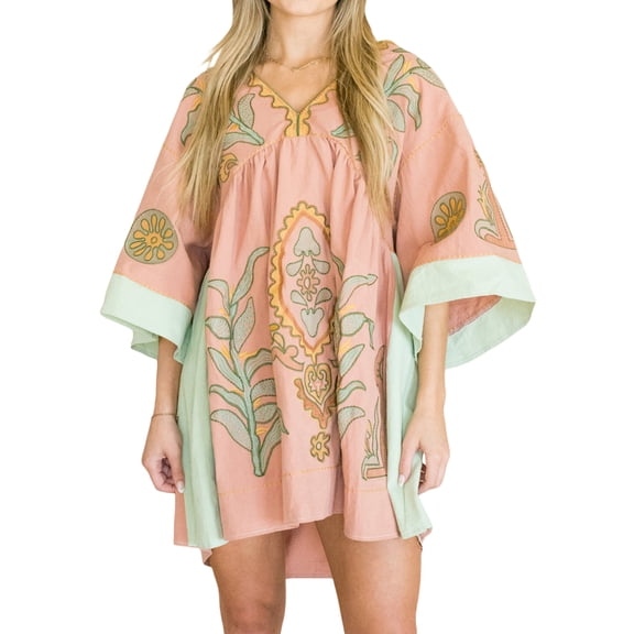 Rdhnmea Women's Boho Floral Print Dress Casual Half Sleeve V-Neck Loose Fit Mini Kimono Dress Summer Beach Flowy Short Dress