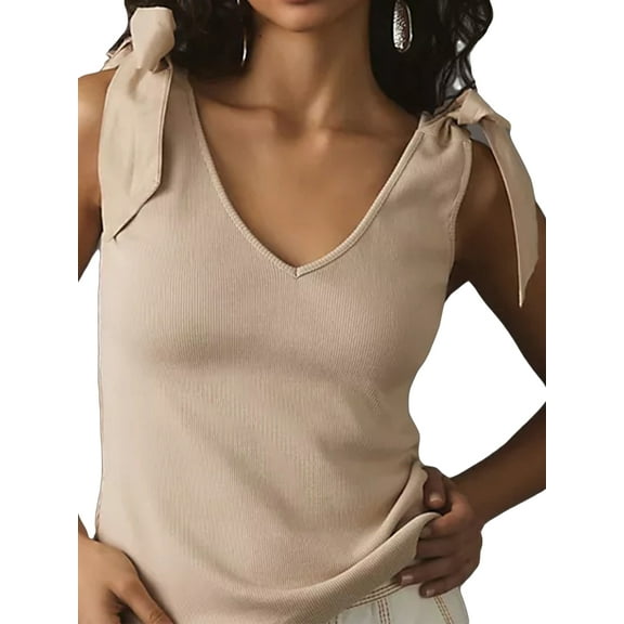 Rdhnmea Women's Bow Tie Tank Tops V Neck Shoulder Strap Sleeveless Shirts Slim Fit Summer Going Out Knit Camisoles Streetwear