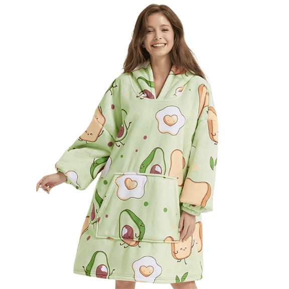 Rdhnmea Women's Cartoon Print Hoodie Flannel Wearable Blanket Long Sleeve Kangaroo Pocket Winter Loungewear Pullover