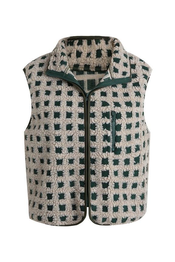 Women’s Checkered Vest Sleeveless Stand Collar Zip Up Vest Jacket