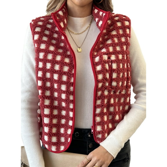 Rdhnmea Women’s Checkered Vest Sleeveless Stand Collar Zip Up Vest Jacket