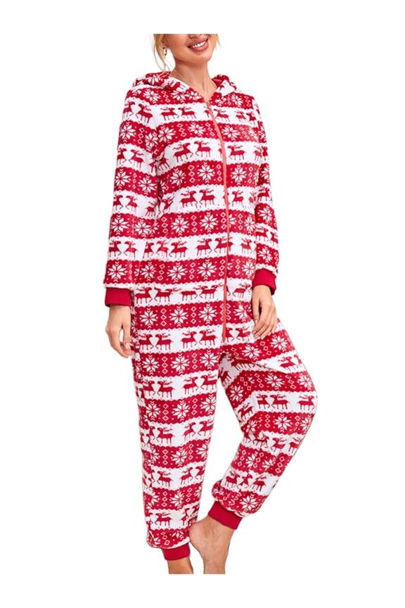 Women's Christmas Hooded Romper Long Sleeve V Neck Zip Up Jumpsuit Cartoon Print One Piece Xmas Pajamas Novelty Sleepwear