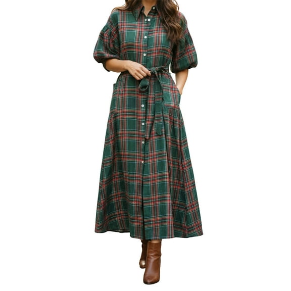 Rdhnmea Women's Christmas Plaid Long Shirt Dress Lantern Short Sleeve Lapel Button Down Christmas Dress Regular Fit Blouse Dress with Belt and Pockets Fall Streetwear