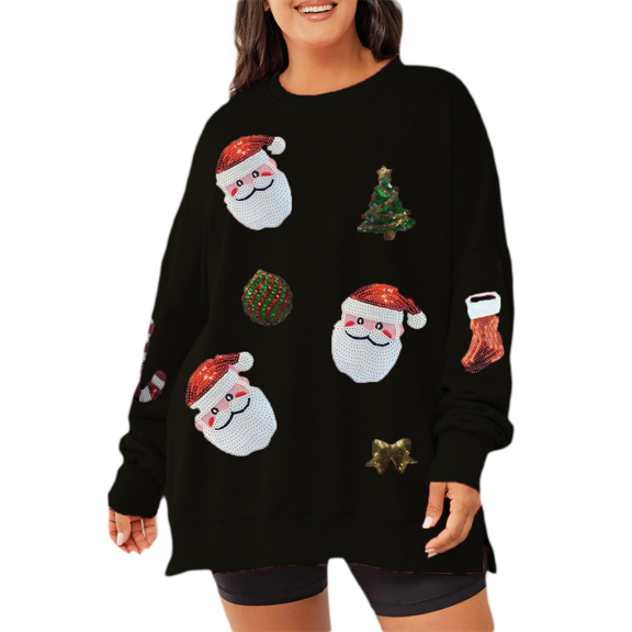 Rdhnmea Women’s Christmas Sweatshirts Sequin Santa Graphic Long Sleeve Crew Neck Pullovers Oversized Tops Xmas Outfits
