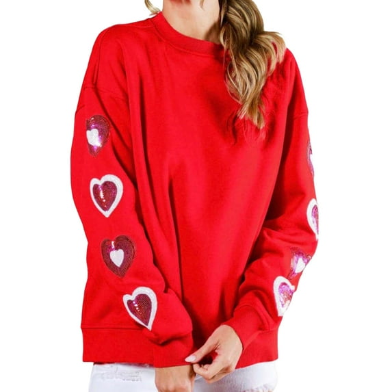Rdhnmea Women's Cute Heart Sweatshirts Sequin Patch Romantic Love Valentines Shirt Long Sleeve Pullovers Valentine's Day Oversized Tops
