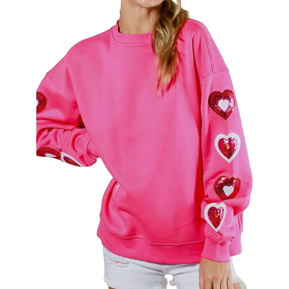 Rdhnmea Women's Cute Heart Sweatshirts Sequin Patch Romantic Love Valentines Shirt Long Sleeve Pullovers Valentine's Day Oversized Tops
