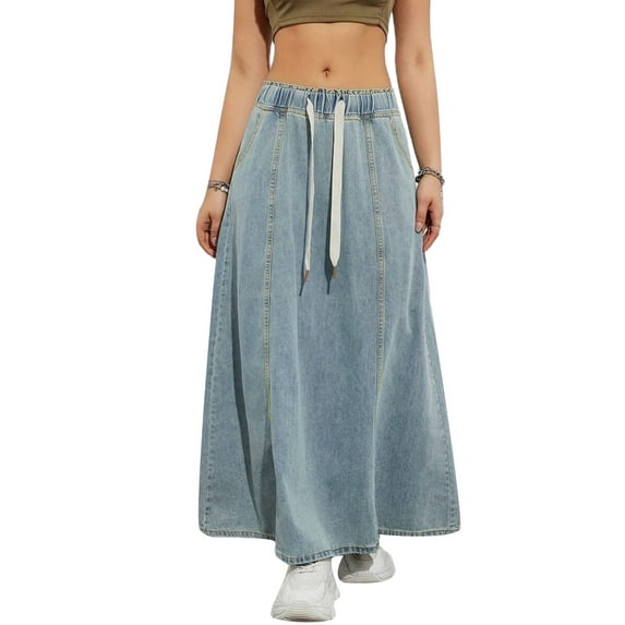 Rdhnmea Women's Denim Long Skirts Elastic Drawstring High Waist A Line Maxi Flare Jean Skirt with Pockets Summer Spring Y2k Streetwear