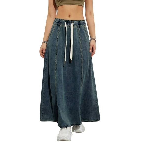 Rdhnmea Women's Denim Long Skirts Elastic Drawstring High Waist A Line Maxi Flare Jean Skirt with Pockets Summer Spring Y2k Streetwear