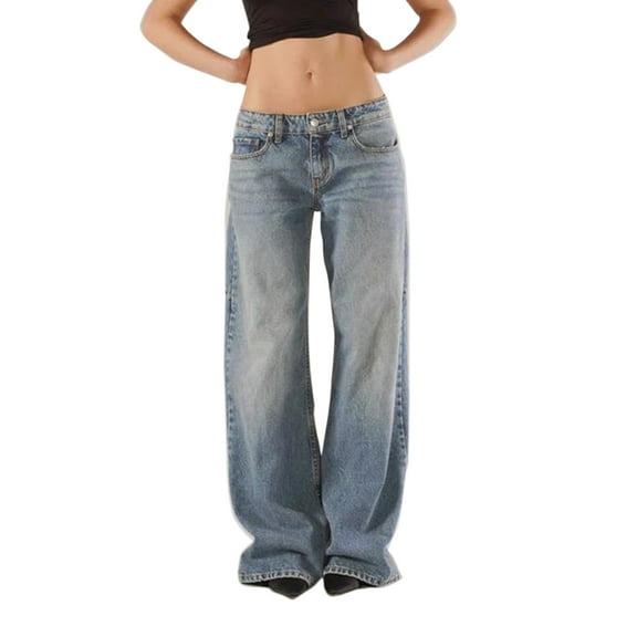 Rdhnmea Women's Fall Jeans Loose Solid Low Rise Wide Leg Denim Pants