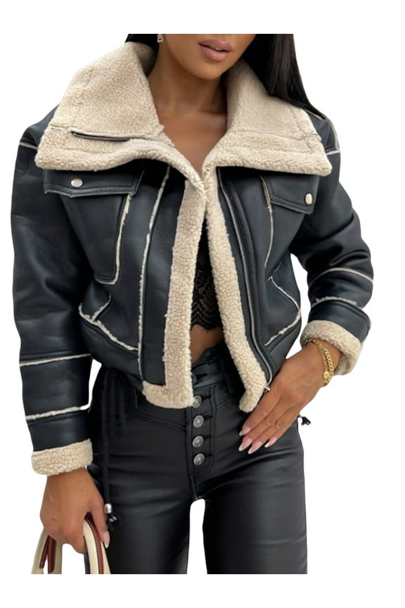 Women's Faux Shearing Jacket Patchwork Fur Coat Moto Biker Zipper Sherpa Shacket Winter Outwear with Pockets Streetwear