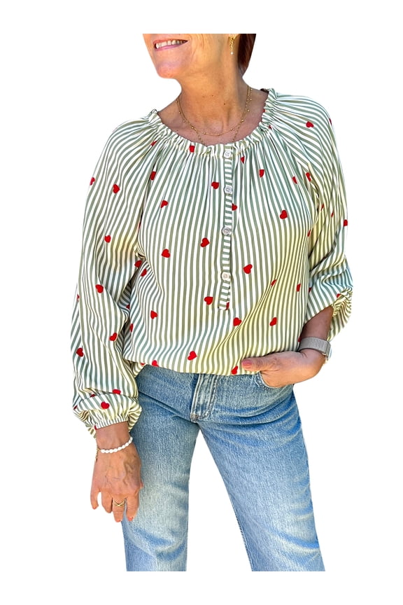 Women’s Heart Stripes Print Tops Long Sleeve Loose Henley Shirt