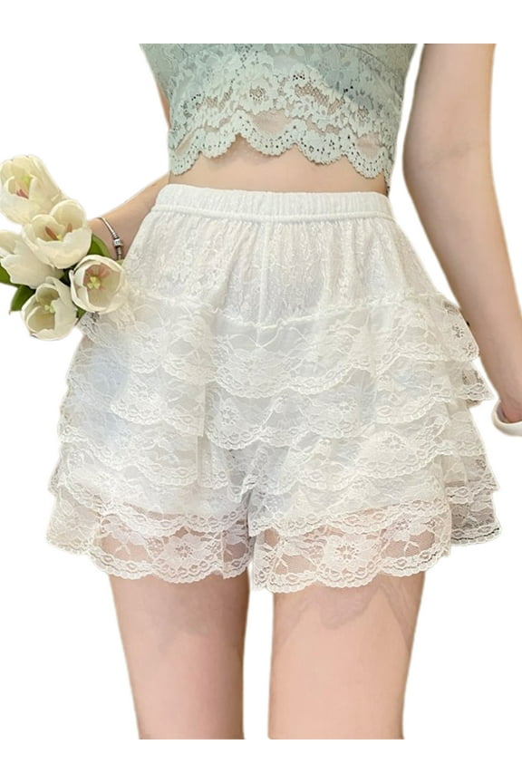 Women’s Layered Ruffle Shorts Casual Elastic Waist Lace Bloomers