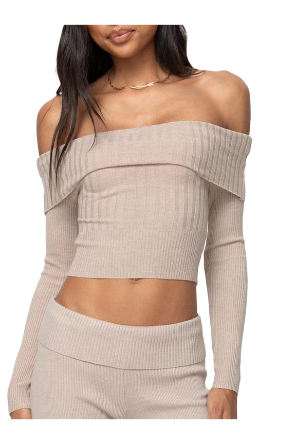 Women's Long Sleeve Y2k Crop Tops Off Shoulder Slim Fit Casual Knit Going Out Shirts Tee Clothing Streetwear 2024