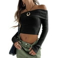 thumbnail image 1 of Rdhnmea Women's Long Sleeve Y2k Crop Tops Off Shoulder Slim Fit Casual Knit Going Out Shirts Tee Clothing Streetwear 2024, 1 of 4