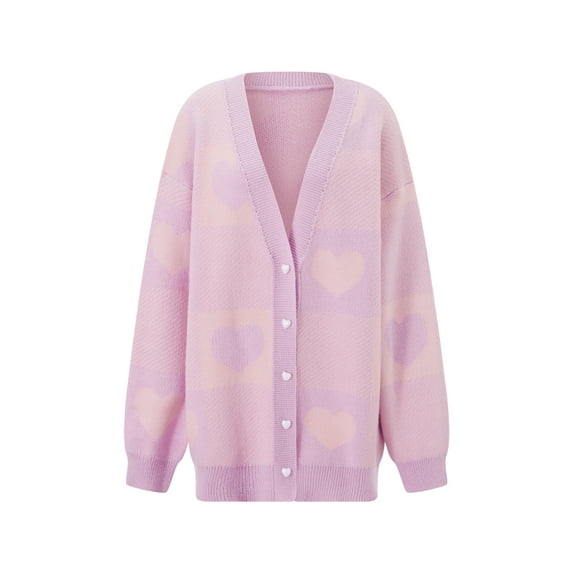 Rdhnmea Women's Oversized Cardigan Long Sleeve Checkered Heart Print Sweater