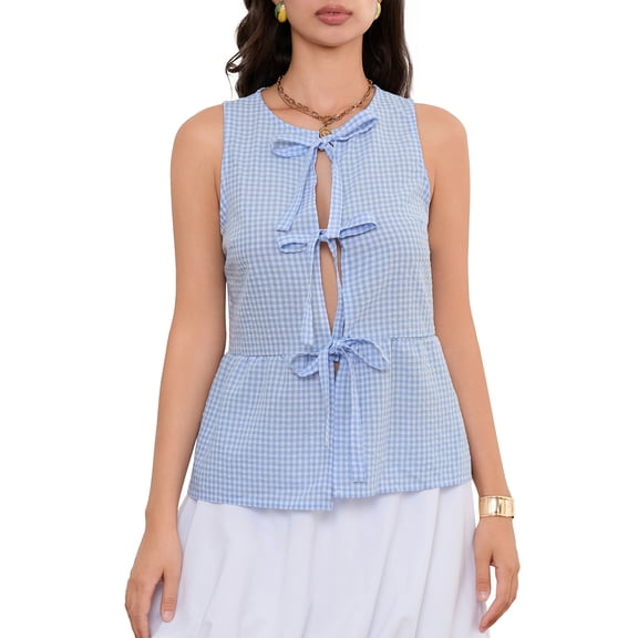 Rdhnmea Women's Plaid Print Tank Tops Sleeveless V-Neck Bow Tie Front Vest