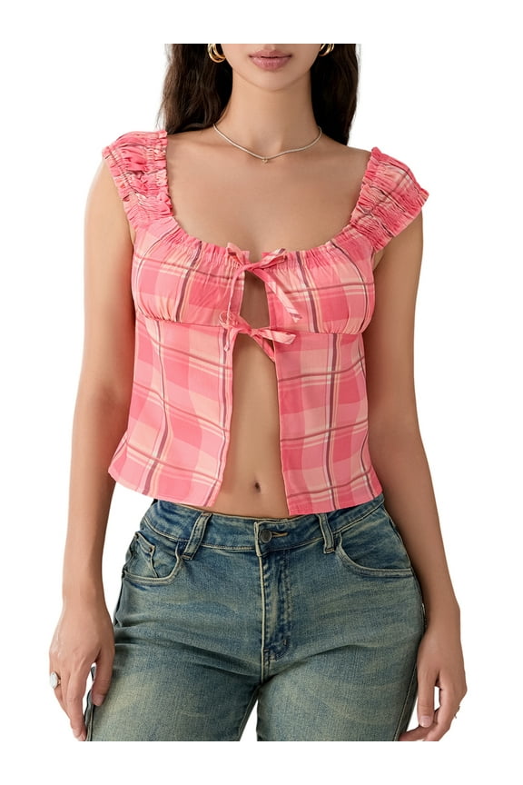 Women's Plaid Square Neck Cami Tank Tops Sleeveless Tie-Up Front Crop Tops Slim Fitted Summer Lounge Top Streetwear