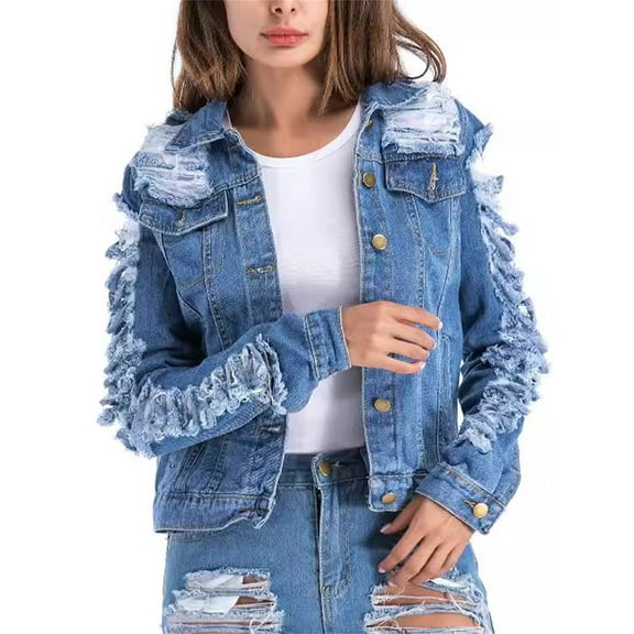 Rdhnmea Women's Ripped Jean Jacket Casual Lapel Neck Long Sleeve Button Down Denim Coat Outwear Daily Office Party Clubwear
