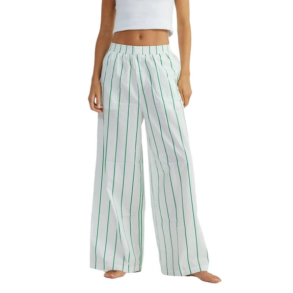 Rdhnmea Women's Straight Wide Leg Pants Elastic Mid Waist Striped Print Pants