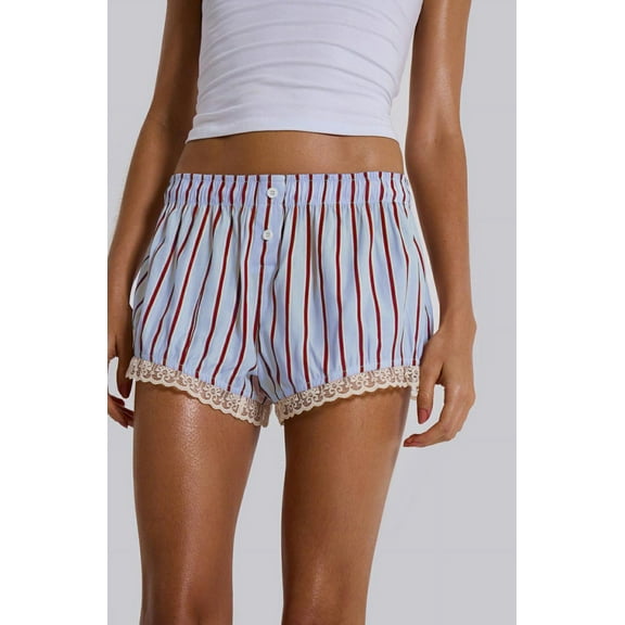 Rdhnmea Women’s Striped Print Boxer Shorts Elastic Waist Lace Trim Shorts
