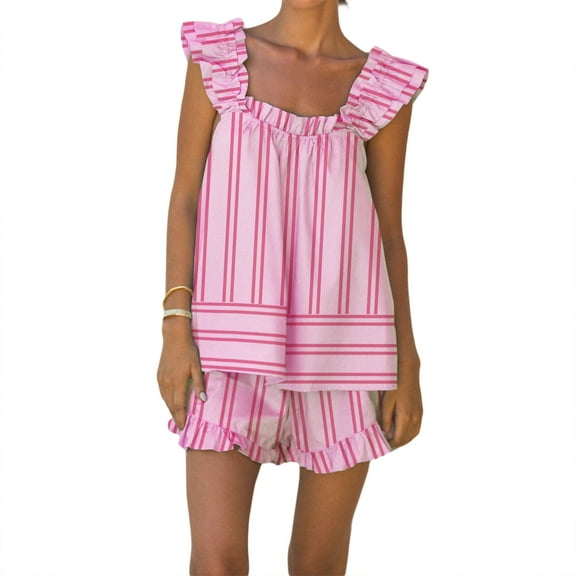 Rdhnmea Women's Summer 2 Piece Lounge Set Y2K Striped Pajama Set Ruffle Tank Tops and Boxer Shorts Matching Pj Sets Sleepwear