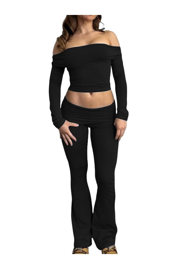 Women's Summer 2 Piece Outfits Clubwear Off Shoulder Long Sleeve Tube Crop Tops + Bodycon Long Pants Set Tracksuit Streetwear