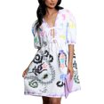 thumbnail image 1 of Rdhnmea Women's Summer A-Line Dress Floral Print Short Puff Sleeve Tie Front V-Neck Babydoll Dress Loose Mini T-Shirt Dress, 1 of 6