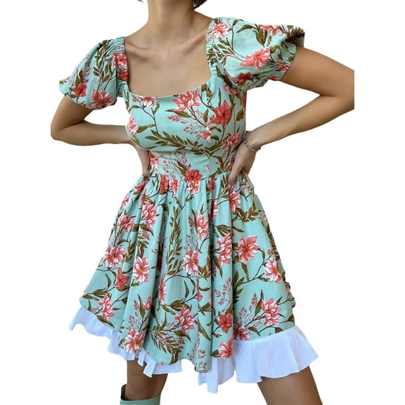 Rdhnmea Women's Summer A-Line Dress Flower Print Square-Neck Puff Short Sleeve High Waist Mini Dress Party Beachwear