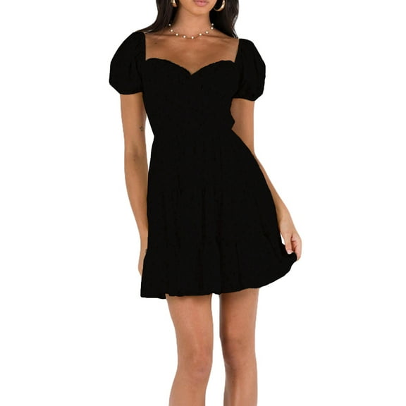 Rdhnmea Women's Summer A-Line Swing Dress Floral Print Short Puff Sleeve Sweetheart Neck Back Tie-Up Mini Dress