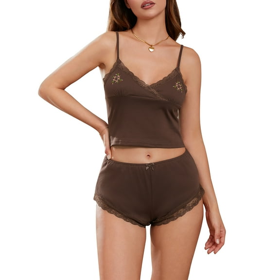 Rdhnmea Women's Summer Lounge Outfits Lace Trim Cami Tops with Shorts Set