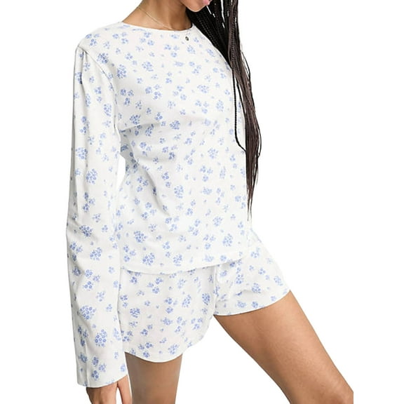 Rdhnmea Women's Summer Loungewear Set, Flower Print Long Sleeve Round Neck T-Shirt with Elastic Waist Shorts 2 Pieces Sleepwear Pjs